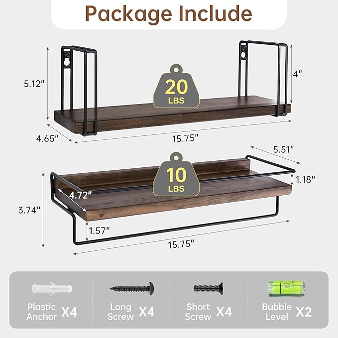 Wall Mounted Shelf with Towel Bar - Solid Walnut Floating Shelves with Metal Frame, Wall Shelf for Coffee Bar Kitchen, Living Room, Office, Bedroom