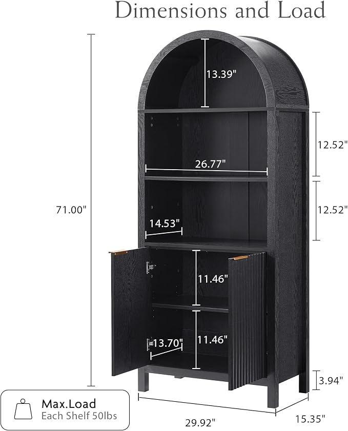 Arched Cabinet Bookshelf Bookcase - 71” Tall Mid Century Arched Display Cabinets, Rounded Bookshelf with Fluted Doors, Open Shelf Storage Cabinet for Dining Room (Black)