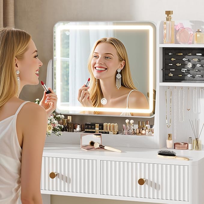Fluted Vanity Desk with Mirror and Lights, Small Makeup Vanity with 2 Drawers and Jewelry Storage Cabinet, 3 Lighting Modes Adjustable Brightness, Dressing Table for Bedroom - White