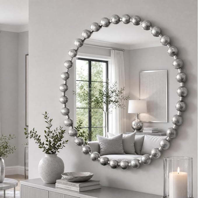 Madison Park Round Mirror, Metal Frame Circle Mirror 27 inch, Wall Art Decor Mounted Hanging for Entryway, Bathroom, hallway, Living Room, Vanity, Marlowe, Silver