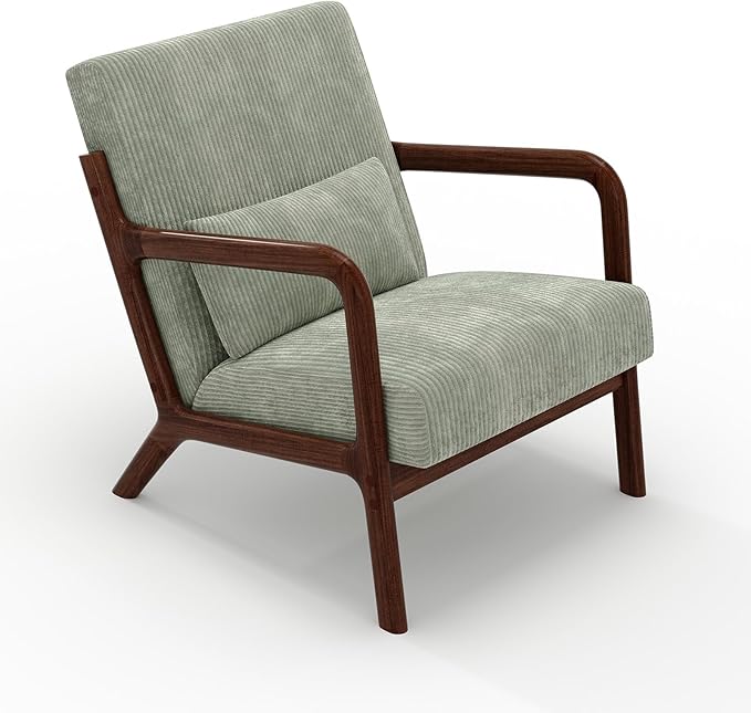 Garvee Mid-Century Modern Accent Chair, Wide-Wale Corduroy Upholstery, Solid Wood Armchair with Removable Lumbar Pillow, Sturdy Reading Chair for Living Room, Bedroom, Guest Room, Easy Assembly, Green