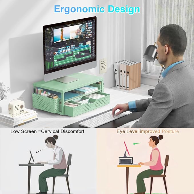 gianotter Desk Organizers and Accessories, Monitor Stand with Drawer and 2 Pen Holder, Desktop Organizer Suitable for Offices and Dormitories (Sage Green-Plain)