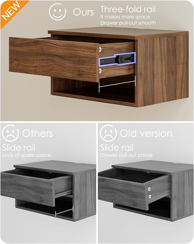 Floating Nightstand, Small Modern Floating Nightstand with Drawer, Floating Shelves for Bedroom, Bathroom (Brown Walnut)