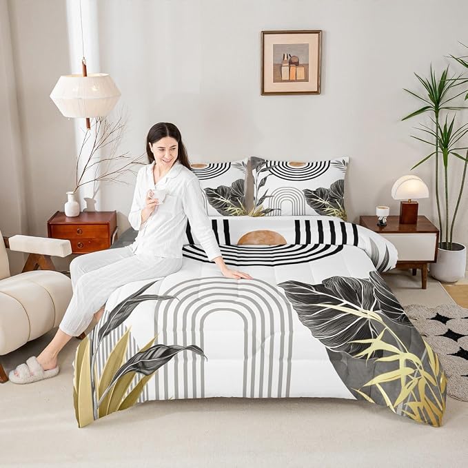 Erosebridal Modern Boho Comforter Grey White Aesthetic Twin Bedding Set Abstract Mid Century Bedding for Kids Teens Simple Tropical Palm Leaf Duvet Insert 2Pcs Room Decor