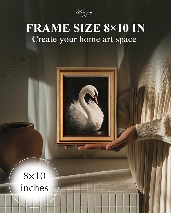 HUARCEY Gold Framed Vintage Wall Art for Living Room, Animals Painting Prints Shelf Decor for Kitchen, Aesthetic Bedroom Wall Art, Best Gifts for Friends or Family - Swan Black 10L x 8W