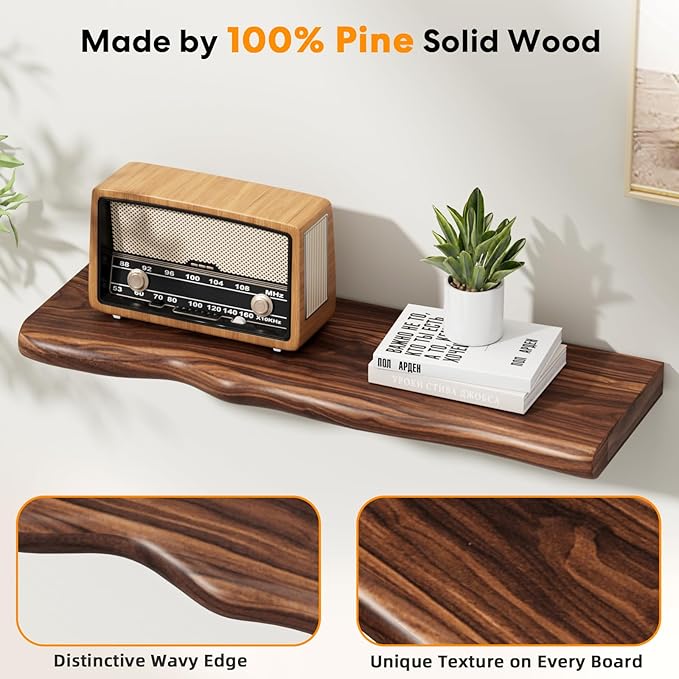 Floating Shelves for Wall Rustic Farmhouse 24 Inch Floating Shelf Bathroom Wooden Shelves for Wall Mounted Live Edge Pine Wall Shelf with Unique Natural Grain for Living Room Bedroom Kitchen (Walnut)