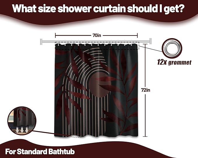 Boho Black and Dark Red Shower Curtain, Mid Century Modern Burgundy Shower Curtains for Bathroom, Waterproof Fabric Set with Hooks, 70" W x 72" L