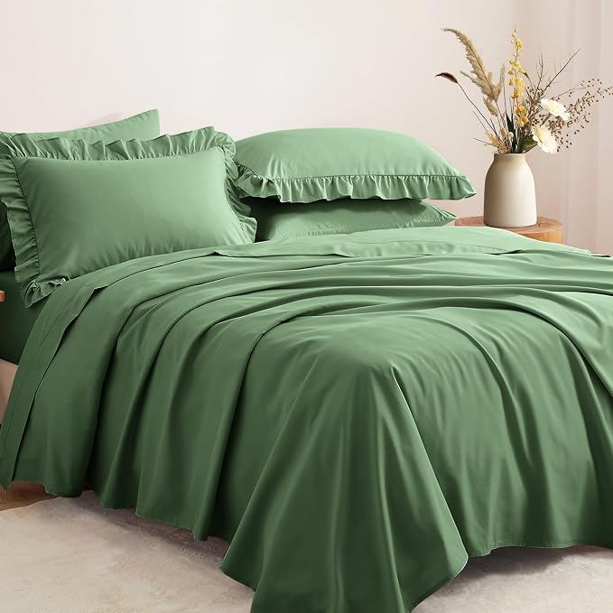 Horbaunal Sage Green Ruffle Sheets Twin Size 4 Piece, Fits 16" Deep Mattress, Microfiber Green Twin Sheets with 1 Ruffled Pillowcases, Shabby Chic Bed Sheet Set