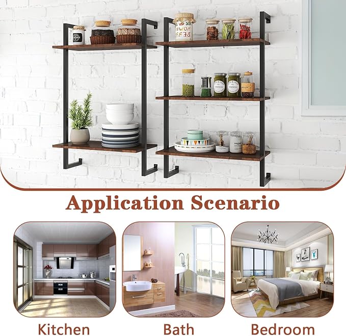 Anwick 3 Tier and 2 Tier Wood Wall Mounted Bookshelf with Metal Frame Wood Hanging Storage Bookcase, Open Storage Rack for Living Room, Home, Office, Bathroom, Bedroom and Plant Flower (black1)