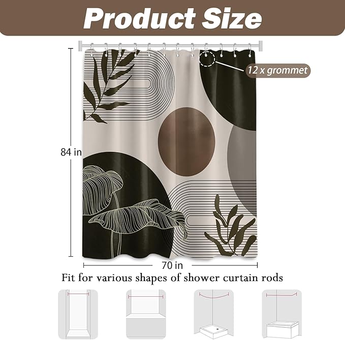 Brown and Beige Shower Curtain Light Brown Tan Taupe Boho Mid Century Modern Shower Curtains for Bathroom Decor MCM Mens Cool Bath Curtain Set, Waterproof Fabric with Hooks 70 x 84 Inch