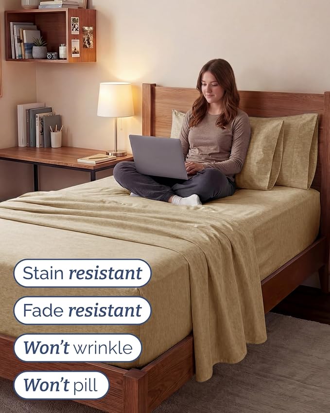 Extra Deep Twin XL Sheet Set - 4 Piece College Dorm Bed Sheets Set with Extra Deep Pockets - Ultra-Soft, Comfy & Breathable Bedding for Women, Men, Kids & Teens - Wrinkle & Fade Free - Heathered Tan