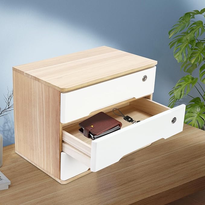 Desktop File Organizer with Lock, 2/3/4 Tier Multi-Drawer Wooden Storage Cabinet, Office Supply Organizer for Home Desk, Study & Workplace (Natural + White, 3 Layers)