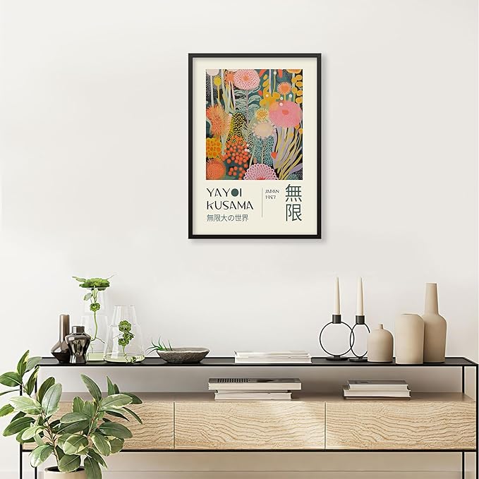 Abstract Yayoi Kusama Posters Japanese Wall Art Vintage Tokyo Aesthetic Prints Yayoi Kusama Inspired Japanese Gallery Wall Art for Stylish Room Bedroom Living Room Decor 16x24in Black Framed