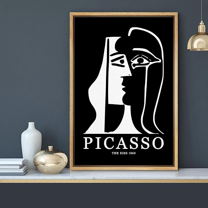 MUDECOR Framed Canvas Print Wall Art Picasso Black & White Geometric Kiss Portrait Shapes Abstract Illustrations Modern Art Minimal Dramatic Dark for Living Room, Bedroom, Office - 16"x24" Natural