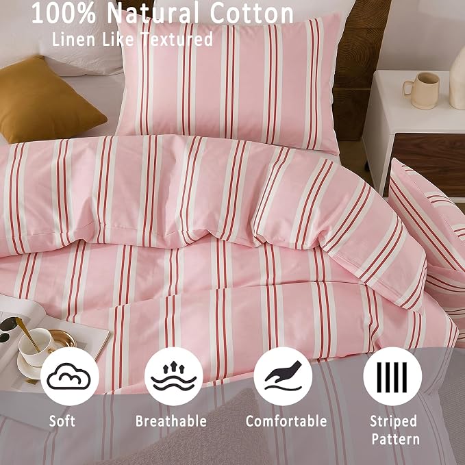 Merryword Striped Duvet Cover Set Queen Size - 100% Cotton Duvet Cover Set, Pink Ribbon Stripes Pattern Comforter Cover 3 Pieces, Soft Linen Like Bedding Set for All Seasons