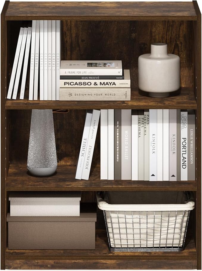 Furinno GEHRY Book Shelf, 3-Tier Small Bookshelf, Bookcase with Adjustable Shelves, 11.6 x 24.8 x 31.6, for Organization and Storage, for Living Room, Bedroom, Home Office, Amber Pine