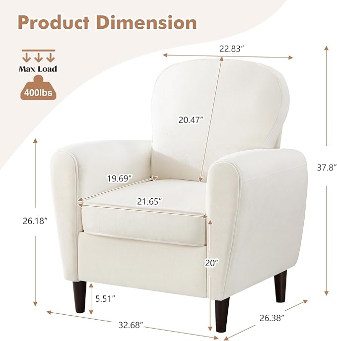 Accent Chair, Mid Century Modern Arm Chair with Thick Cushion and Back, Comfy Upholstered Reading Chair Single Sofa Chair for Living Room, Bedroom, Club, Beige