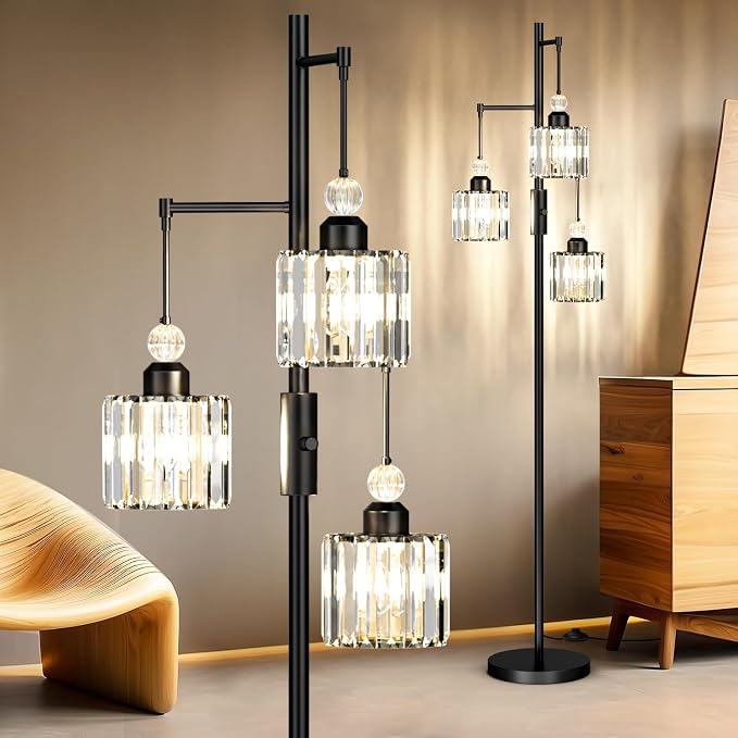 Black Tree Floor Lamp with 3 Crystal Cage Lampshades & Dimmable Bulbs - 70" Vintage Glam Standing Lamp for Living Room Bedroom, Industrial Modern Decor with Crystal Ball Accents (Matte Black)