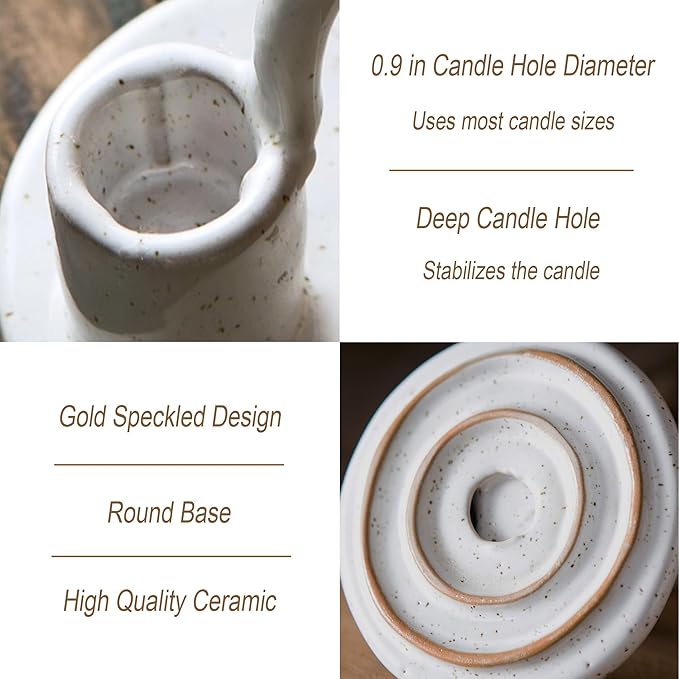 Candle Holder, Ceramic Candle Holder, Christamas Candlestick Holder, for Taper Candles, Vintage Home Decor - White Taper Holder with Handle and Spots - Rustic Style
