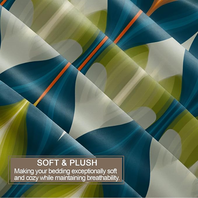 Mid Century Modern Duvet Cover Oversized King, Groovy Abstract Retro Bedding Set 3 Piece, Blue Green Geometric Patterned Comforter Cover with Zipper Soft Microfiber, 2 Pillowcases