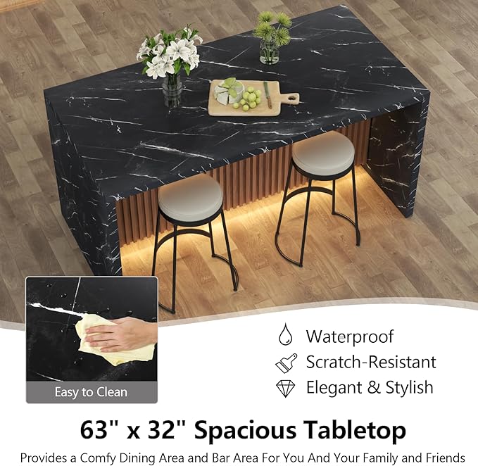 63" Large Imitation Marble Dining Table for 4-6 People(Patent Pending),Island Table with LED Lights,Mordern Marble Stripes Kitchen Dining Table with Grille design for Dining Room,Living Room (Black)