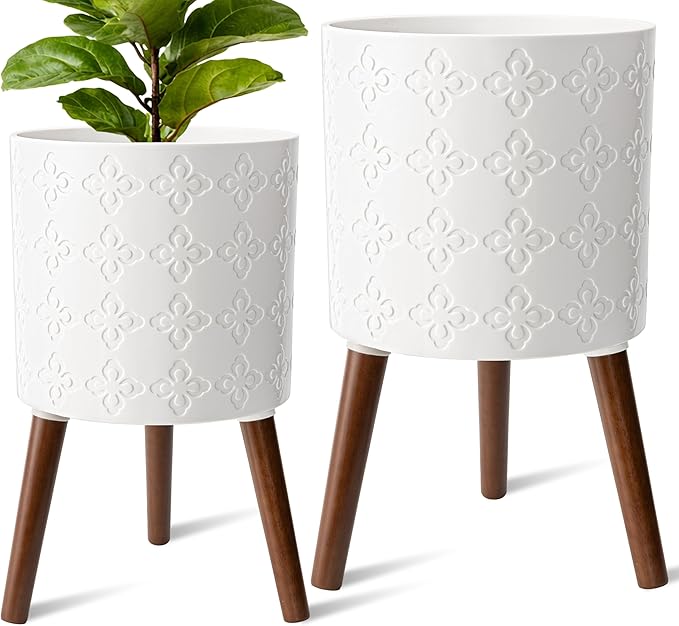 Planter with Stand,Set of 2 – Large Indoor Plant Pots & Drainage, Matte White