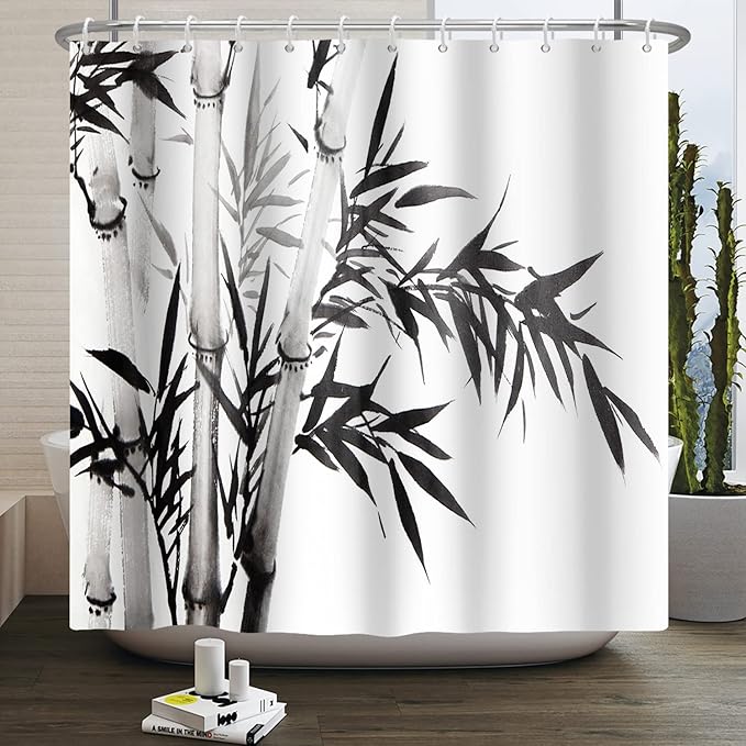 Baocicco Black White Bamboo Shower Curtain Chinese Ink Painting Plant Art Aesthetic Shower Curtains Decorative for Bathroom Waterproof Fabric Shower Curtain with Hooks 72x96 Inches