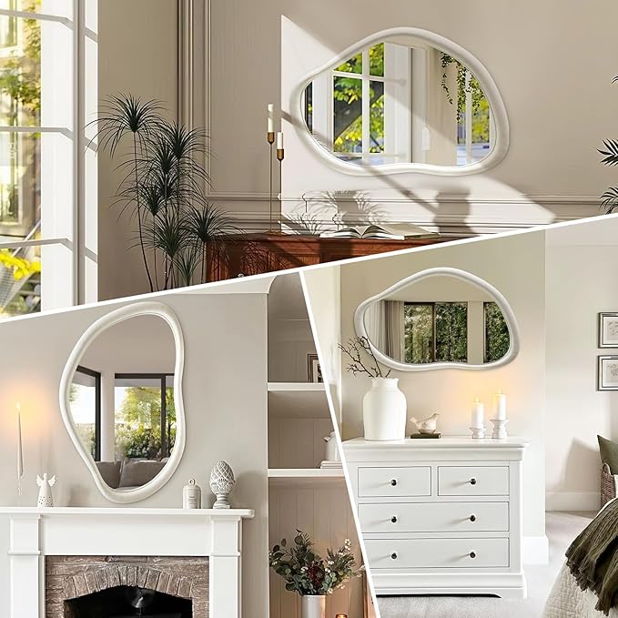 Irregular Wall Mirror Asymmetrical Mirror, 35"x24" Flannel Wrapped Wood Vanity Mirror, Decorative Wave Mirrors for Living Room Bathroom Entryway, Horizontal/Vertical, Ivory