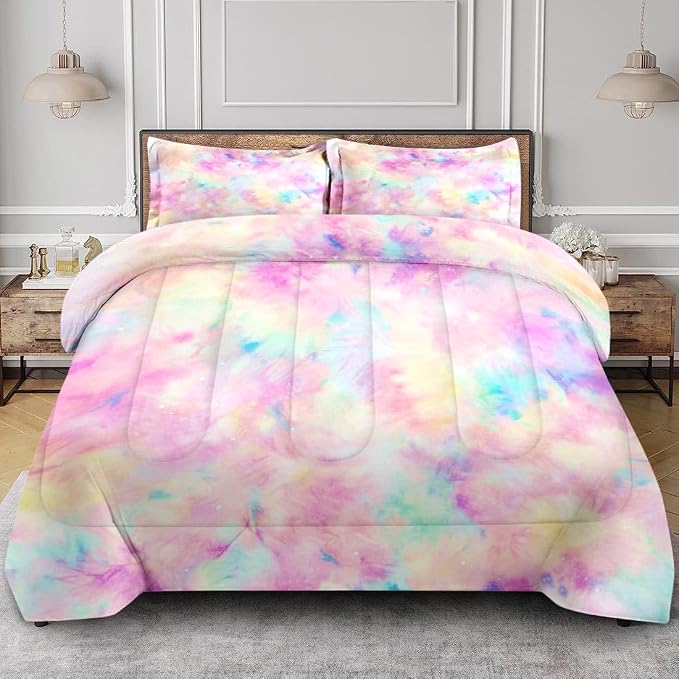 Tie Dye Twin Comforter Set, Unicorn Galaxy Colorful Bedding Set 2 Piece, All Season Soft Toddlers Children Adults Bedroom Bed Decoration Comforter and 1 Pillow Shams