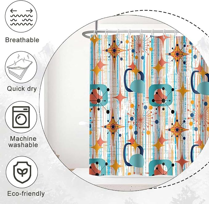 Mid Century Shower Curtain, 48x72inch, Modern Abstract Retro Colorful Striped Geometric Shower Curtain Sets 1950s Boho Bathroom Shower Curtain with 8 Hooks