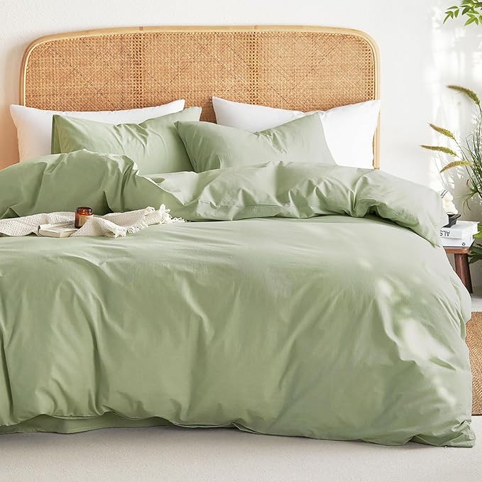 Wake In Cloud - Cotton Duvet Cover Set, 100% Washed Cotton, Linen Like Textured, Breathable Durable Comfy Farmhouse Neutral Bedding Set, 3 Pieces, Sage Green, King Size
