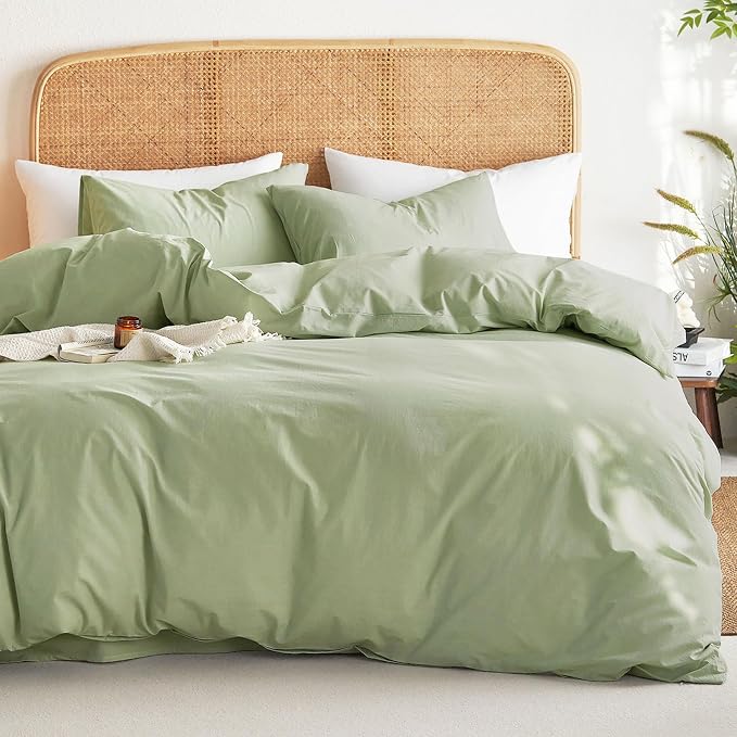 Wake In Cloud - Cotton Duvet Cover Set, 100% Washed Cotton, Linen Like Textured, Breathable Durable Comfy Farmhouse Neutral Bedding Set, 3 Pieces, Sage Green, Queen Size