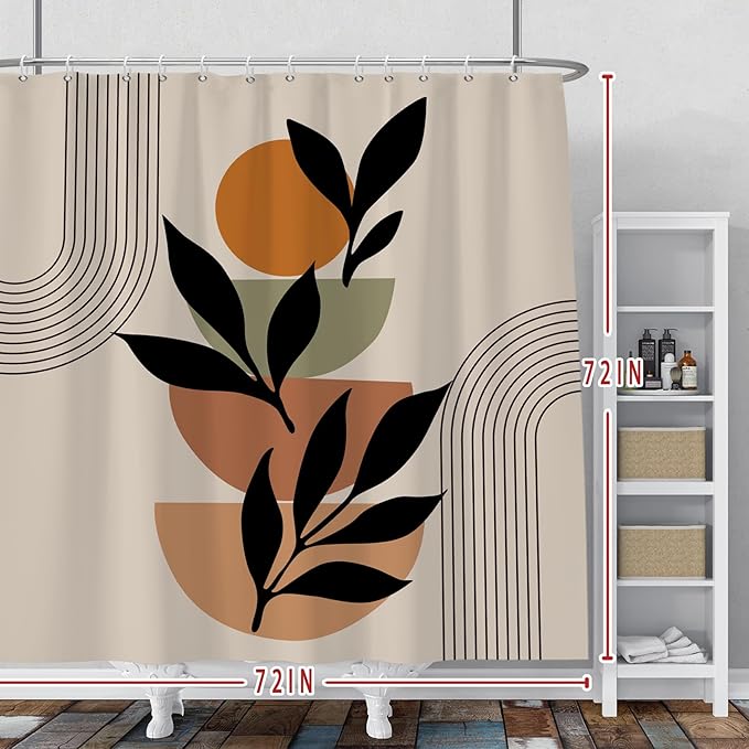 Baocicoo Boho Mid Century Shower Curtain Set Modern Minimalistic Leaves Shower Curtain for Bathroom Dormitory Bathtub Decor Durable Fabric Waterproof Curtain for Bathroom with Hooks 72x72 Inches