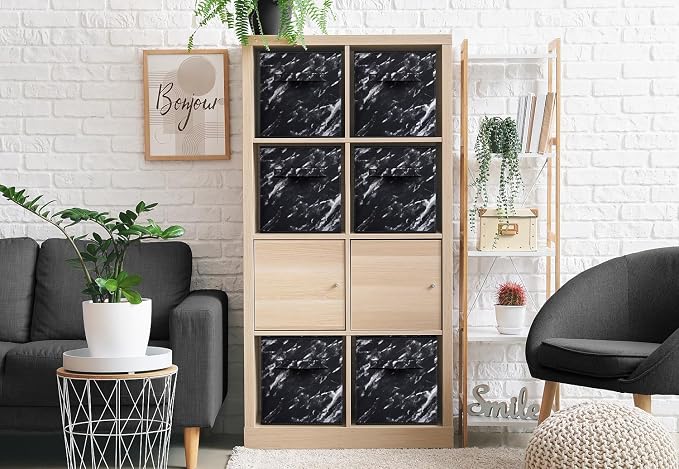 Sorbus Collapsible Fabric Storage Cubes - 11" Foldable Organization Baskets with Handle - 4 Black Marble for Pantry, Closet, Nursery, Dorm, Toy Storage