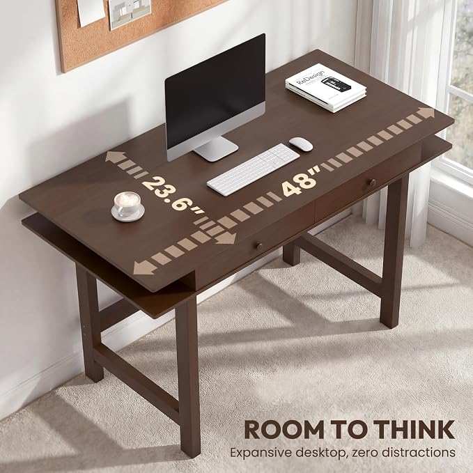 Double-Top Solid Wood Desk - 48-Inch Mid-Century Modern Writing Table with Drawers for Home Office, Study, and Creation, Rubberwood Computer Desk in Black Walnut