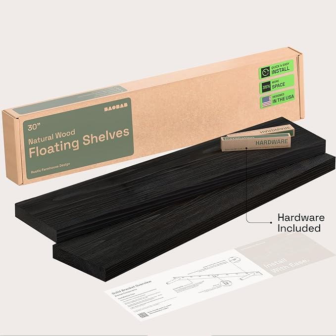 BAOBAB WORKSHOP Solid Wood Floating Shelves for Wall 30 Inches Long, Real Wooden Bathroom Shelf Large, Heavy Duty Wall Shelves Mounted Kitchen Bedroom, Black Shelf, 30W × 6.7D, Set of 2