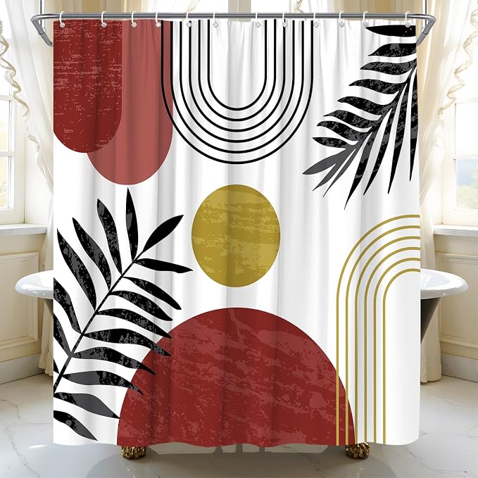 Mid Century Modern Shower Curtain Boho Red Abstract Retro Aesthetic Fabric for Bathroom Decor Bathtub with Hooks (67" WX70 H)