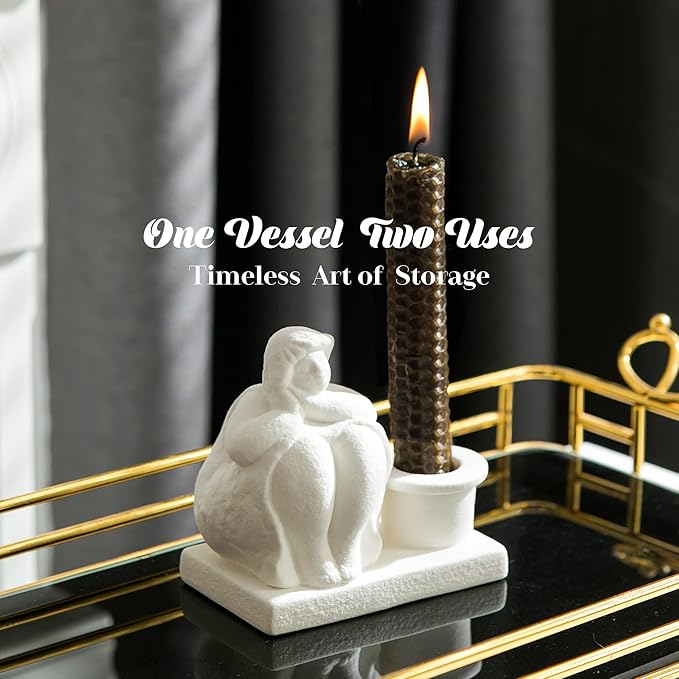 White Candle Holder, Handmade Ceramic Girl Candlestick Holders, Taper Candlelight Stand for Home Decor, Table Centerpiece and Coffee Table Decor