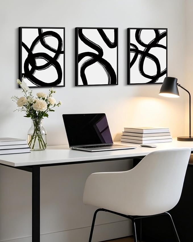 KUVIOKE Black and Grey Abstract Framed Wall Art Minimalist Ink Wash Lines Painting Artwork for Bedroom Hallway 11x14in (Black Framed)