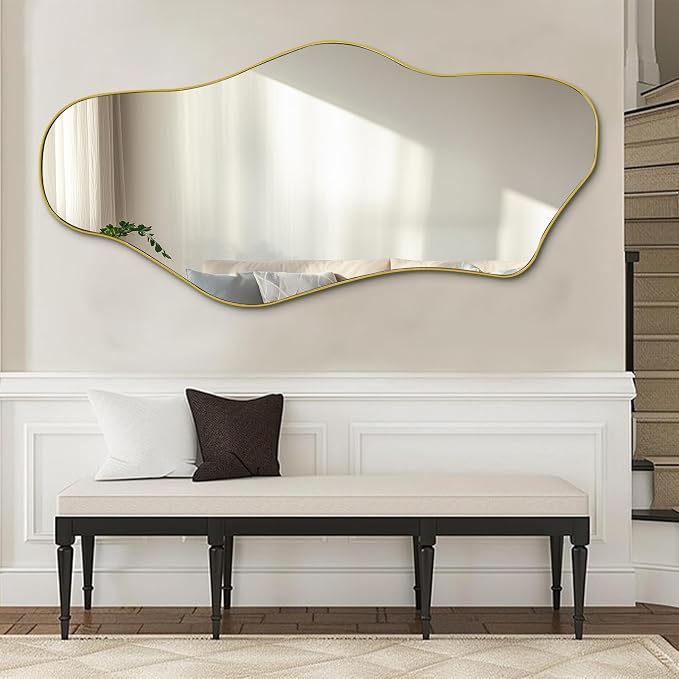 Irregular Wall Mirror, 47.2"x21.5" Asymmetrical Mirror with Gold Metal Frame, Organic Shaped Mirrors for Living Room Bedroom Hallway Entryway Fireplace, Hangs Vertically or Horizontally