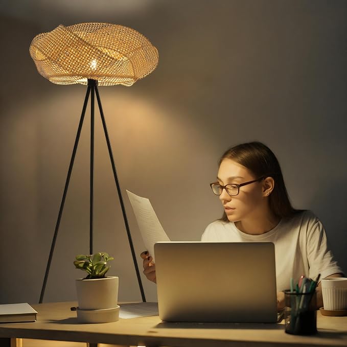 Handwoven Tripod Floor Lamp, Boho Bamboo Woven Lotus Shade Tall Standing Lamp, Black Metal Base for Living Room Bedroom Entryway, E26 Socket (Natural)