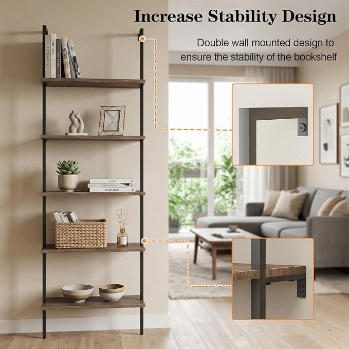 Wolawu 5 Tiers Ladder Shelf 2-Piece Black Modern Tall Bookshelf Open Large Tall Wall Mount Storage Bookcase Standing Leaning Wall Shelves Industrial Decorative (Brown)