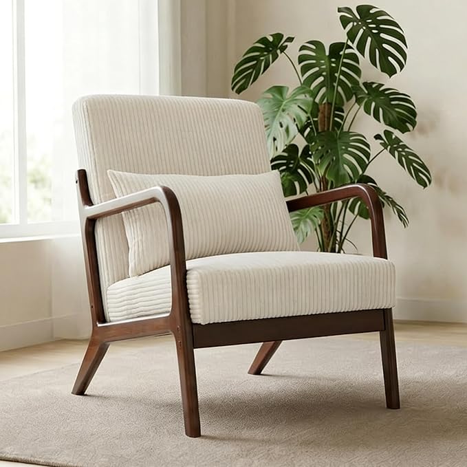 Accent Chairs, Mid Century Modern Chair with Pillow, Arm Chair with Solid Wood, Reading Relaxing Leisure Chair for Living Room, Waiting Room, White