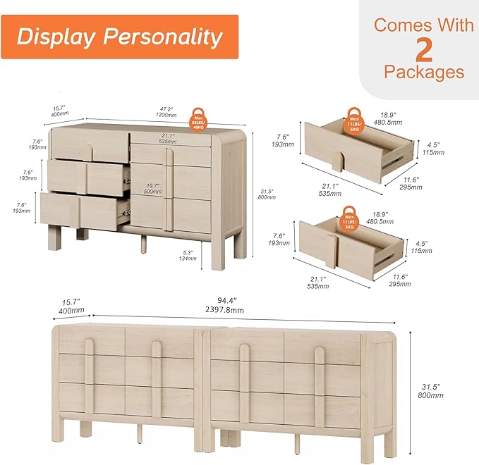 WAMPAT 94.4" W Buffet Cabinet with 12 Drawers, Modern Sideboard Buffet Cabinet with Storage, Buffet Table Coffee Bar Wine Bar Storage Cabinet for Dining Room, Living Room, Hallway, Light Oak