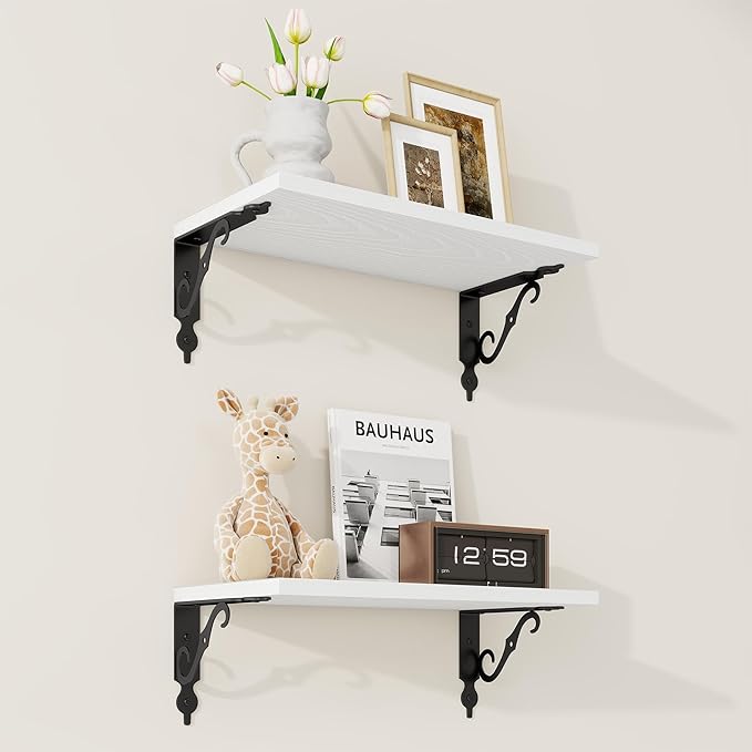 RICHFOCUS Floating Shelves for Wall Decor, 8 Inch Deep Shelves Set of 2, 16W x 8D Floating Shelves Wall Mounted with Metal Brackets, Rustic Wood Shelves for Living Room Bedroom Kitchen, White