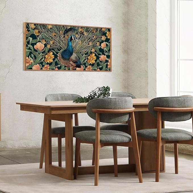 HLNIUC Peacock Wall Art Canvas,Vintage Animal Wall Art Flower,Peacock Artwork Framed,Animal Feather Artwork,Elegent Peacocks Poster Floral,Green Gold Peafowl Painting for Living Room,Home Office 20*40