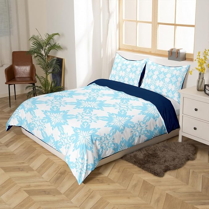 Blue Geometric Floral Comforter Cover Full for Kids Boys Girls,Classical Damask Flower Duvet Cover,Retro Vintage Art Bedding Set,Mid Century Aesthetic Bed Set with 2 Pillowcases Bedroom Decor