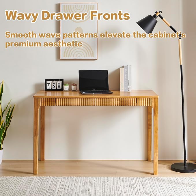Solid Wood Desk with Drawers, Light Wood Desk for Small Spaces, Small Writing Desk for Bedroom, Gaming Study Home Office Wooden Desks for Work, 47 inch Wood Computer Desk