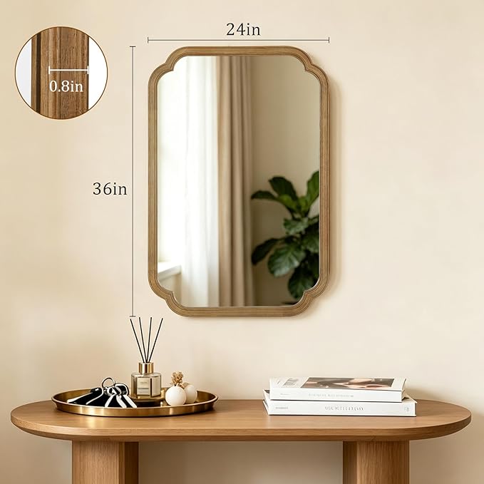 HOMECOOKIN Wood Bathroom Mirror for Wall Decor Arched Rounded Corner Rustic Wood Frame Wall Mirror Home Decorative for Vanity, Living Room, Bedroom, Entryway (24 x 36 inch, Natural)
