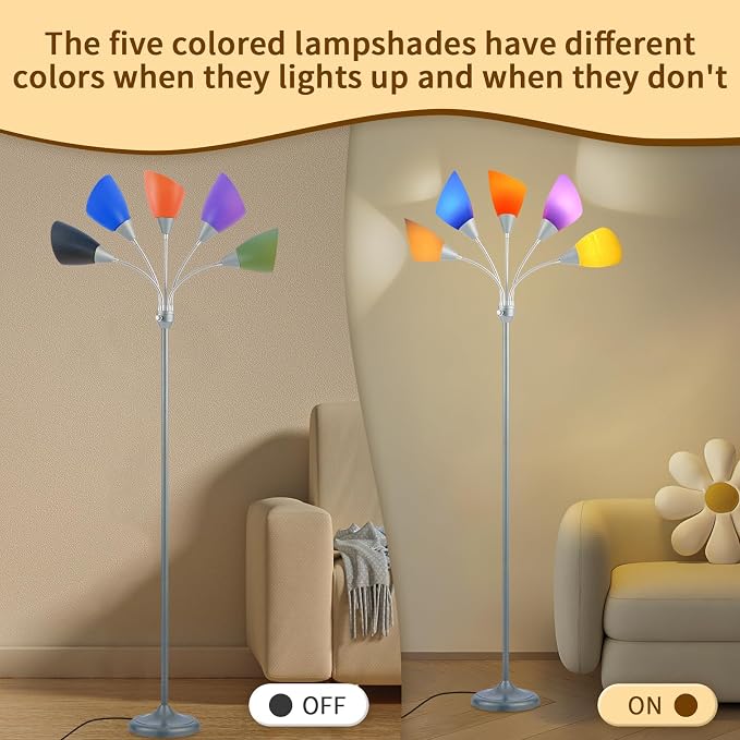 Medusa Floor Lamp, Multi Head 5 Light Floor Lamps for Living Room with 10 Lampshade, Adjustable Neck Reading Standing Lamp for Bedroom,Office,Kids,Classroom (Sliver)